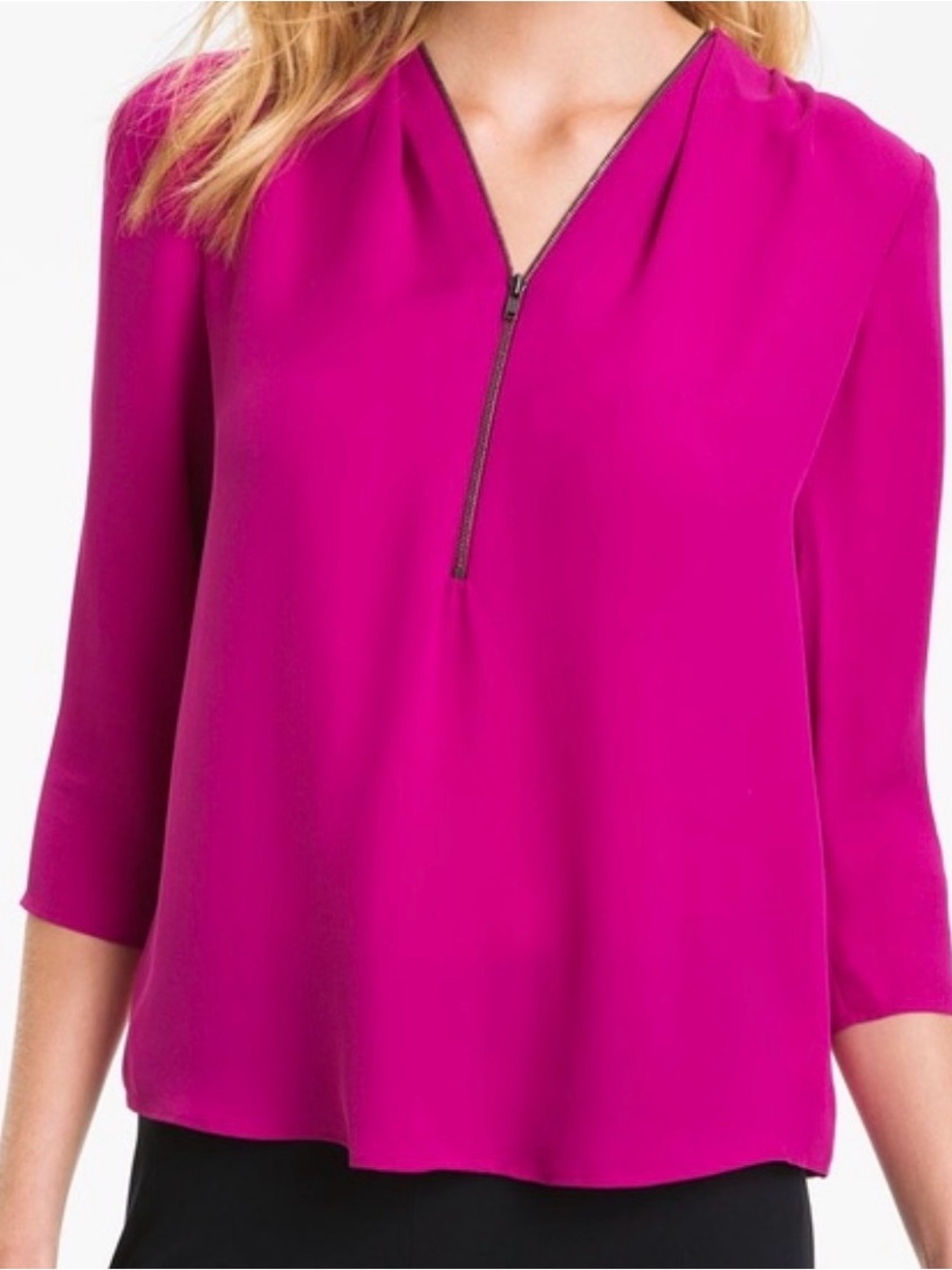Theory, 100% Silk Sala Pink Blouse, Size Petite/Small Hot Pink Zip-Front